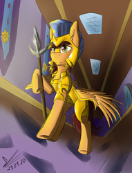 Size: 980x1280 | Tagged: safe, artist:yuris, oc, oc only, oc:speedy winchester, pony, armor, canterlot, castle, guard, solo, spear, weapon