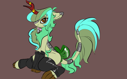 Size: 1920x1200 | Tagged: safe, artist:brainiac, oc, oc only, oc:piper, kirin, bedroom eyes, bow, brown background, clothes, collar, female, hair over one eye, kirin-ified, leg warmers, mare, pet tag, race swap, simple background, sitting, solo, species swap, stockings, tail bow, tail ring