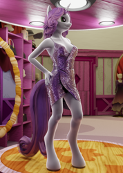Size: 686x962 | Tagged: safe, artist:stellarator, sweetie belle, unicorn, anthro, unguligrade anthro, comic:after hours at carousel boutique part 2, g4, 3d, armpits, blender, blender cycles, breasts, carousel boutique, clothes, dress, not sfm, sequins