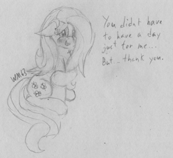 Size: 2255x2063 | Tagged: safe, artist:wapamario63, fluttershy, pegasus, pony, g4, blushing, cute, dialogue, female, fluttershy day, high res, mare, monochrome, pencil drawing, shyabetes, sitting, solo, traditional art