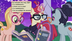 Size: 1280x720 | Tagged: safe, edit, edited screencap, editor:korora, screencap, booksmart, honey lemon, moondancer, pony, unicorn, amending fences, g4, book, combo jombo, cute, dancerbetes, female, hat, honeybetes, lyrics, magic, magic aura, mare, party, party hat, regina (singer), song reference, speech bubble, square one tv, telekinesis, text