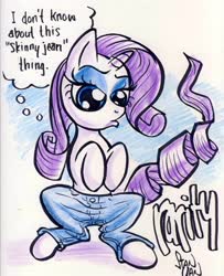 Size: 2540x3131 | Tagged: safe, artist:sketchywolf-13, rarity, pony, unicorn, g4, 2013, clothes, commission, female, high res, horn, jeans, mare, pants, skinny jeans, solo, speech bubble, tail, text, traditional art