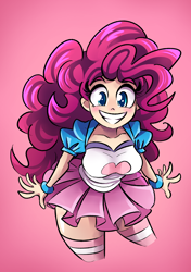 Size: 2360x3352 | Tagged: safe, artist:infestedpear, pinkie pie, human, equestria girls, g4, breasts, busty pinkie pie, clothes, colored pupils, cute, diapinkes, female, grin, high res, human coloration, humanized, looking at you, pink background, simple background, skirt, smiling, smiling at you, socks, solo, striped socks, zettai ryouiki