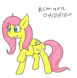 Size: 882x894 | Tagged: safe, artist:cmara, fluttershy, pegasus, pony, g4, cute, female, happy, mare, raised hoof, shyabetes, solo, traditional art