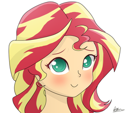 Size: 2048x1833 | Tagged: safe, artist:marshmallow-sugar, sunset shimmer, equestria girls, g4, blushing, bust, colored pupils, cute, female, portrait, shimmerbetes, simple background, smiling, solo, white background