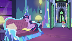 Size: 1920x1080 | Tagged: safe, screencap, spike, twilight sparkle, alicorn, dragon, pony, amending fences, g4, couch, crystal, door, female, male, mare, twilight sparkle (alicorn), twilight's castle