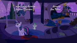 Size: 1920x1080 | Tagged: safe, screencap, spike, twilight sparkle, alicorn, dragon, pony, amending fences, g4, duo, female, male, mare, night, opening credits, twilight sparkle (alicorn), twilight's canterlot home