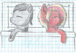 Size: 3358x2348 | Tagged: safe, artist:solder point, oc, oc only, oc:silver wing, oc:sky flare, pegasus, pony, bed, bracelet, cel shading, clothes, duo, eyes closed, fanfic, fanfic art, female, graph paper, happy, high res, jacket, jewelry, male, mare, shading, sleeping, stallion, traditional art