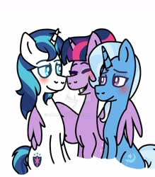 Size: 1280x1460 | Tagged: safe, artist:malupokebr, shining armor, trixie, twilight sparkle, alicorn, pony, unicorn, g4, blushing, brother and sister, deviantart watermark, eyes closed, female, headcanon, hug, male, mare, obtrusive watermark, siblings, sisters, smiling, stallion, twilight sparkle (alicorn), watermark, winghug