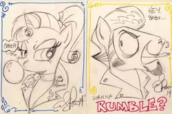 Size: 1024x680 | Tagged: safe, artist:andypriceart, rarity, oc, oc:sketchy, earth pony, pony, unicorn, g4, bubblegum, canon x oc, cigarette, clothes, female, food, gift art, gum, jacket, leather, leather jacket, looking at each other, male, mare, monochrome, smiling, smoking, speech bubble, stallion, text, traditional art