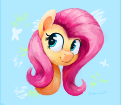 Size: 3100x2700 | Tagged: safe, artist:aemuhn, fluttershy, pony, g4, blue background, bust, cute, female, high res, mare, portrait, shyabetes, simple background, solo