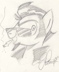 Size: 1024x1249 | Tagged: safe, artist:andy price, oc, oc only, oc:sketchy, earth pony, pony, 2013, cigarette, clothes, gift art, jacket, leather, leather jacket, looking at you, male, monochrome, ponysona, self portrait, simple background, smoke, smoking, solo, stallion, sunglasses, traditional art, white background