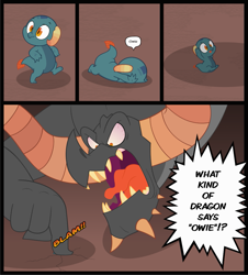 Size: 983x1088 | Tagged: safe, artist:queencold, dragon lord torch, oc, oc:basalt, dragon, g4, abuse, baby, baby dragon, baby torch, child abuse, comic, dragon oc, duo, father, father and child, father and son, male, violence, younger