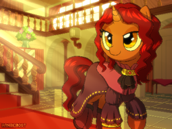 Size: 800x600 | Tagged: safe, artist:rangelost, oc, oc only, oc:brass bolts, pony, unicorn, alternate hairstyle, boots, bracelet, clothes, colored, crepuscular rays, curly mane, daybreak island, detailed background, dress, female, jewelry, mansion, mare, necklace, pixel art, shoes, solo, stairs