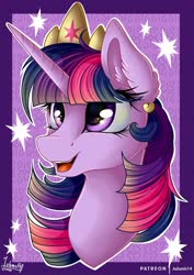 Size: 1600x2264 | Tagged: safe, artist:julunis14, twilight sparkle, alicorn, pony, g4, bust, crown, ear fluff, female, jewelry, mare, open mouth, portrait, regalia, smiling, solo, twilight sparkle (alicorn)