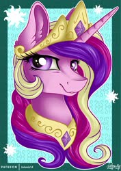 Size: 1600x2263 | Tagged: safe, artist:julunis14, princess cadance, alicorn, pony, g4, accessory swap, alternate hairstyle, bust, crown, ear fluff, female, implied princess celestia, jewelry, looking at you, mane swap, mare, peytral, portrait, regalia, smiling, solo