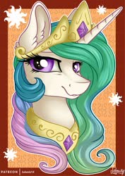 Size: 1600x2263 | Tagged: safe, artist:julunis14, princess celestia, alicorn, pony, g4, bust, crown, ear fluff, female, jewelry, looking at you, mare, peytral, portrait, regalia, smiling, solo
