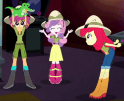 Size: 850x692 | Tagged: safe, screencap, apple bloom, gummy, scootaloo, sweetie belle, eqg summertime shorts, equestria girls, g4, the canterlot movie club, animated, arcade game, belt, boots, clothes, cropped, cutie mark crusaders, gif, happy, hat, jeans, jumping, lifting, pants, plushie, shoes, shorts, skirt, smiling