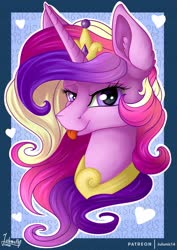 Size: 1600x2264 | Tagged: safe, artist:julunis14, princess cadance, alicorn, pony, g4, bust, crown, ear fluff, female, jewelry, looking at you, mare, peytral, portrait, regalia, solo, tongue out