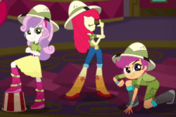 Size: 1000x665 | Tagged: safe, screencap, apple bloom, scootaloo, sweetie belle, equestria girls, g4, my little pony equestria girls: summertime shorts, the canterlot movie club, animated, boots, clothes, cropped, cutie mark crusaders, female, gif, hat, jeans, pants, shirt, shoes, shorts, skirt