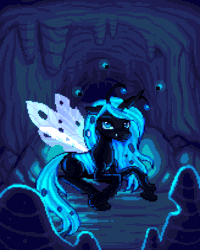 Size: 800x1000 | Tagged: safe, artist:hikkage, oc, oc:queen fylifa, changeling, changeling queen, firefly (insect), insect, animated, blinking, blue changeling, cave, changeling oc, changeling queen oc, commission, glowing, glowing mane, looking at you, prone, solo, ych result