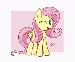 Size: 1800x1500 | Tagged: safe, artist:handgunboi, fluttershy, pegasus, pony, g4, abstract background, colored pupils, cute, female, one eye closed, open mouth, shyabetes, simple background, solo, wink