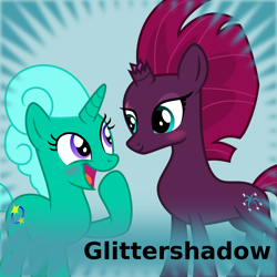 Size: 1024x1024 | Tagged: safe, artist:melisareb, fizzlepop berrytwist, glitter drops, tempest shadow, pony, unicorn, derpibooru, g4, .svg available, blushing, female, former spoiler image, lesbian, looking at each other, mare, meta, ship:glittershadow, shipping, spoilered image joke, svg, vector