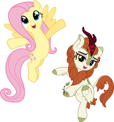 Size: 5566x5946 | Tagged: safe, artist:jhayarr23, artist:ninjashadow-x, artist:xpesifeindx, autumn blaze, fluttershy, kirin, pegasus, pony, g4, absurd resolution, bipedal, duo, female, mare, simple background, transparent background, vector