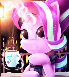 Size: 2560x2866 | Tagged: safe, artist:nicxchy, starlight glimmer, pony, unicorn, g4, chocolate, clothes, female, food, high res, hot chocolate, magic, mare, mug, pleasant, scarf, solo, telekinesis