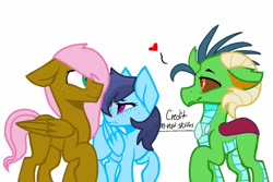 Size: 1024x686 | Tagged: safe, artist:im-not-skittles, artist:scorpionthehybrid, oc, oc only, dragonling, hybrid, pegasus, pony, base used, freckles, heart, horns, interspecies offspring, looking at each other, offspring, parent:big macintosh, parent:fluttershy, parent:princess ember, parent:rainbow dash, parent:soarin', parent:thorax, parents:embrax, parents:fluttermac, parents:soarindash, simple background, white background