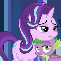 Size: 663x662 | Tagged: safe, screencap, spike, starlight glimmer, dragon, pony, unicorn, cakes for the memories, g4, spoiler:cakes for the memories, spoiler:mlp friendship is forever, cropped, cute, daaaaaaaaaaaw, duo, duo male and female, female, frown, glimmerbetes, hnnng, male, mare, png, sleepy, spikabetes, tired, twilight's castle, winged spike, wings