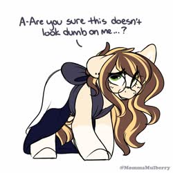 Size: 2000x2000 | Tagged: safe, artist:mulberrytarthorse, oc, oc only, oc:vanilla swirl, earth pony, pony, clothes, cute, dress, earth pony oc, female, glasses, high res, mare, ocbetes, simple background, solo, white background