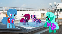 Size: 1440x799 | Tagged: safe, artist:徐詩珮, fizzlepop berrytwist, glitter drops, spring rain, tempest shadow, twilight sparkle, alicorn, pony, unicorn, series:sprglitemplight diary, series:sprglitemplight life jacket days, series:springshadowdrops diary, series:springshadowdrops life jacket days, g4, alternate universe, bisexual, broken horn, clothes, cute, equestria girls outfit, female, glitterbetes, horn, lesbian, lifeguard, lifeguard spring rain, polyamory, ship:glitterlight, ship:glittershadow, ship:sprglitemplight, ship:springdrops, ship:springlight, ship:springshadow, ship:springshadowdrops, ship:tempestlight, shipping, springbetes, tempestbetes, twiabetes, twilight sparkle (alicorn)