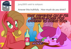 Size: 1148x800 | Tagged: safe, artist:ladyanidraws, berry punch, berryshine, oc, oc:pun, earth pony, pony, ask pun, g4, ask, bottle, female, mare