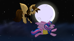Size: 3840x2160 | Tagged: safe, artist:ejlightning007arts, artist:melisareb, oc, oc only, oc:ej, oc:hsu amity, alicorn, pony, alicorn oc, amityej, clothes, cloud, cute, duo, female, flying, high res, horn, jacket, looking at each other, male, mare, moon, oc x oc, open mouth, romantic, shipping, shirt, stallion, stars, straight, t-shirt, together, wings
