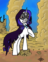 Size: 1203x1574 | Tagged: safe, artist:assertiveshypony, idw, rarity, pony, unicorn, g4, ponies of dark water, spoiler:comic, angry, cloak, clothes, destruction, digital art, doctor doomity, female, mask, simple background, solo