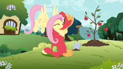 Size: 1920x1080 | Tagged: safe, anonymous artist, big macintosh, fluttershy, earth pony, pegasus, pony, series:fm holidays, g4, apple, apple tree, eyes closed, female, floating, fluttershy day, fluttershy's cottage, happy, hug, lineless, male, mare, no pupils, sapling, ship:fluttermac, shipping, shovel, smiling, stallion, straight, tree