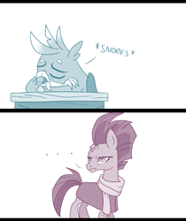 Size: 479x571 | Tagged: safe, artist:sintakhra, fizzlepop berrytwist, gallus, tempest shadow, griffon, pony, tumblr:studentsix, g4, ..., clothes, comic, cropped, desk, onomatopoeia, sleeping, sleeping in class, snoring, sound effects, tempest shadow is not amused, this will end in detention, tongue out, unamused, zzz