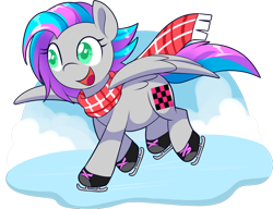 Size: 1020x784 | Tagged: source needed, safe, artist:xwhitedreamsx, oc, oc only, oc:vapourwave, pegasus, pony, clothes, ice skating, scarf, simple background, solo, transparent background