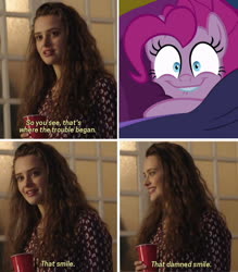 Size: 875x1000 | Tagged: safe, edit, edited screencap, screencap, pinkie pie, earth pony, pony, cakes for the memories, g4, spoiler:cakes for the memories, spoiler:mlp friendship is forever, bed, meme, that damn smile meme