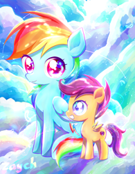 Size: 2020x2584 | Tagged: safe, artist:bronyazaych, rainbow dash, scootaloo, pegasus, pony, g4, cloud, female, high res, scootalove, siblings, sisters, sitting