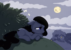 Size: 3508x2480 | Tagged: safe, artist:ottava, oc, oc only, earth pony, firefly (insect), insect, pony, depression, female, high res, mare, moon, night, sad, scenery, solo