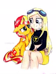 Size: 2313x3084 | Tagged: safe, artist:liaaqila, sunset shimmer, human, pony, unicorn, g4, comforting, crying, duo, goggles, high res, simple background, tears of joy, teen titans, terra (dc comics), traditional art, white background