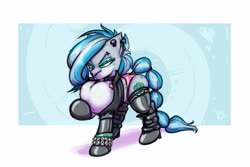 Size: 4000x2676 | Tagged: safe, artist:krd, oc, oc only, oc:misty (krd), earth pony, pony, arm hooves, bimbony, blue hair, blue lipstick, boots, bracelet, clothes, collar, cutie mark, ear piercing, eyeshadow, facial piercing, fishnet stockings, fluffy, green eyeshadow, hair, high res, jacket, jewelry, lipstick, makeup, nose piercing, panties, piercing, puffed chest, quadrupedal, quadrupedal chest boobs, rubber, shoes, solo, stockings, tattoo, thigh highs, underwear