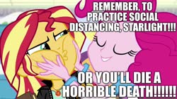 Size: 1920x1080 | Tagged: safe, edit, edited screencap, editor:useraccount, screencap, pinkie pie, sunset shimmer, equestria girls, equestria girls specials, g4, mirror magic, caption, coronavirus, covid-19, covidiots, excessive exclamation marks, hypocrisy, hypocritical humor, image macro, public service announcement, social distancing, squishy cheeks, text, this will end in death, wrong name