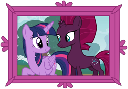 Size: 6250x4351 | Tagged: safe, artist:ejlightning007arts, artist:melisareb, tempest shadow, twilight sparkle, alicorn, pony, unicorn, g4, broken horn, cute, eye scar, female, horn, lesbian, picture frame, raised hoof, scar, ship:tempestlight, shipping, tree, twilight sparkle (alicorn)