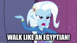 Size: 1280x714 | Tagged: safe, edit, edited screencap, screencap, trixie, equestria girls, g4, my little pony equestria girls: rainbow rocks, caption, image macro, meme, song reference, text, the bangles, walk like an egyptian