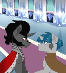 Size: 640x709 | Tagged: safe, artist:forgottenchesire, king sombra, stygian, pony, unicorn, g4, background used, base used, fanfic art, gay, male, shipping