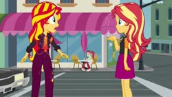 Size: 1024x576 | Tagged: safe, artist:silverbuller, rose heart, sunset shimmer, equestria girls, equestria girls specials, g4, my little pony equestria girls: better together, my little pony equestria girls: sunset's backstage pass, schedule swap, double sunset, geode of empathy, human sunset, magical geodes, street