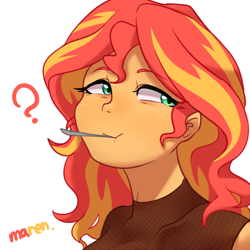 Size: 2800x2800 | Tagged: safe, artist:maren, sunset shimmer, equestria girls, g4, bust, cute, female, high res, mouth hold, portrait, question mark, shimmerbetes, simple background, solo, white background
